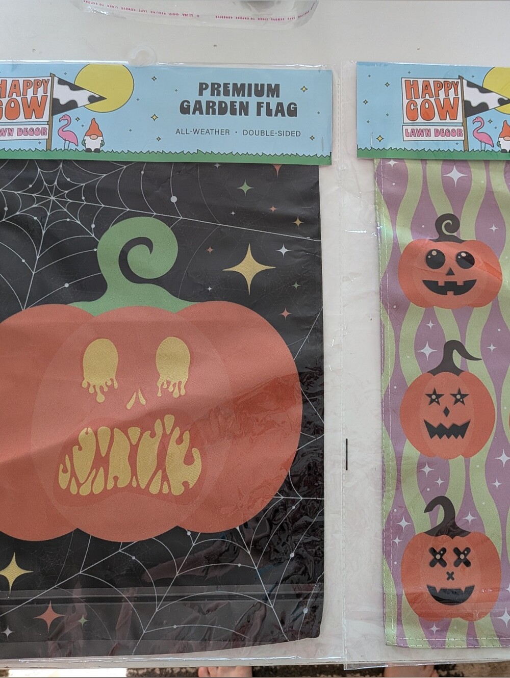 Set of 2 Happy Cow Halloween Garden Flags Retro Pastel Pumpkins & Dripping Jack-